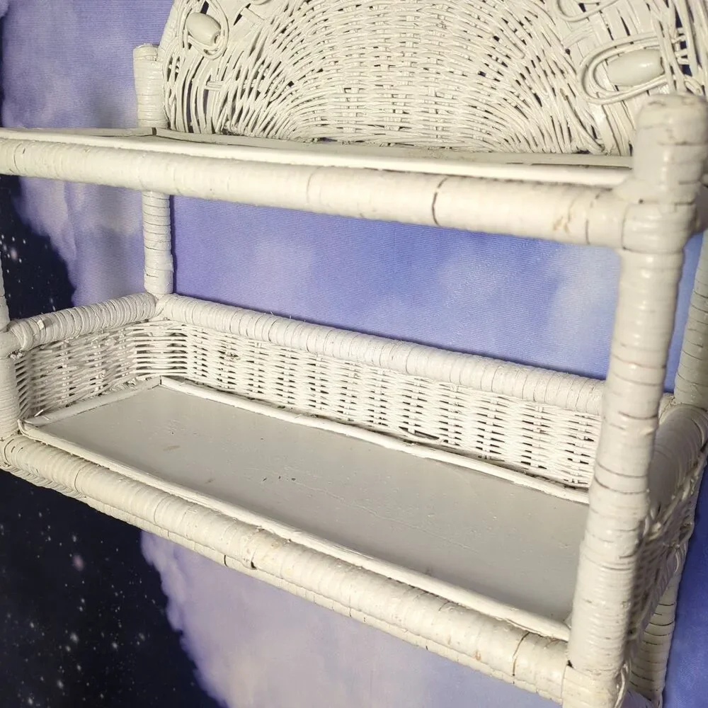 Vintage White Wicker Rattan Hanging Wall Shelf Boho Cottagecore Peacock Style